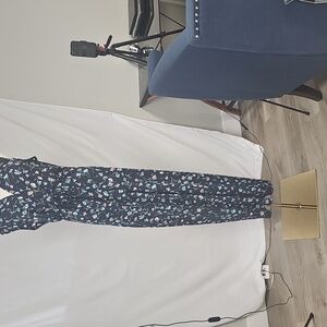 Women's Casual Maxi Navy Blue Floral V Neck Dress M/L